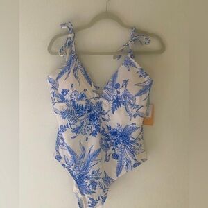 Kona Sol Women’s Shoulder Tie Blue/White Floral 1 piece Swimsuit Size L 12-14